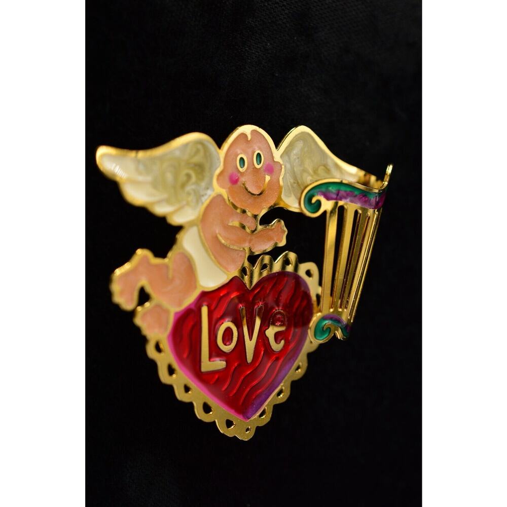 Two Hands Vintage Pin Brooch Cupid Valentine's Day Love Enamel Signed 1980s BinV